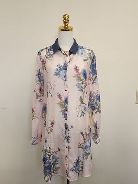 Aratta Sheer Floral Button Down Tunic Blouse Boho Size Medium NWT